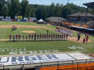 A baseball game with players lined up for the national anthem.