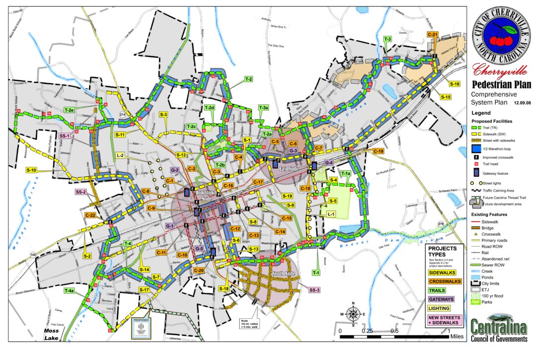 A map of the plans for Cherryville NC walkability improvements. 