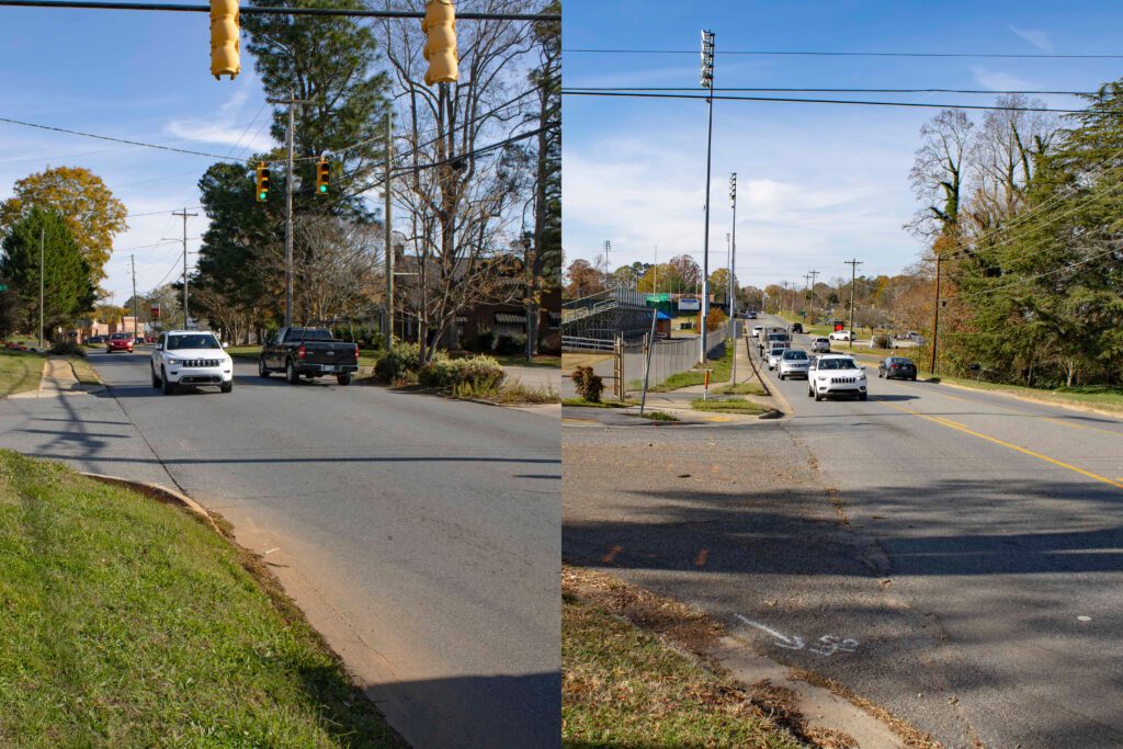 An image showing two different stretches of road. Each image shows that the sidewalk does not continue across the intersection and lacks a crosswalk. 