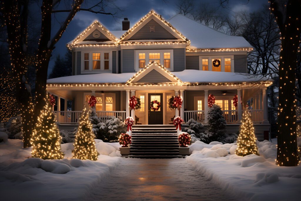 A snow cover house decorated for Christmas lighting up the night.