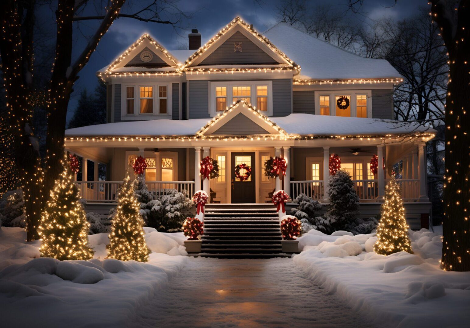 house exterior christmas decorations in the snow