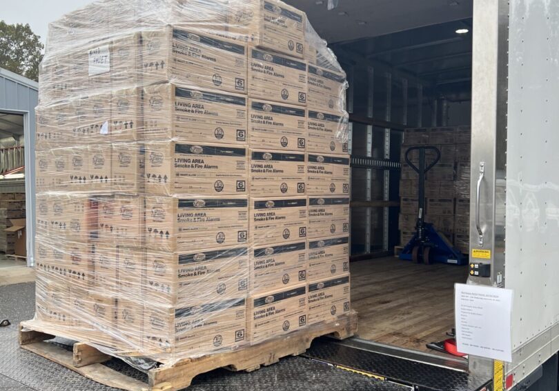 A pallet of roughly 1000 smoke detectors being loaded into a box truck to help with the hurricane helene relief in Black Mountain NC.