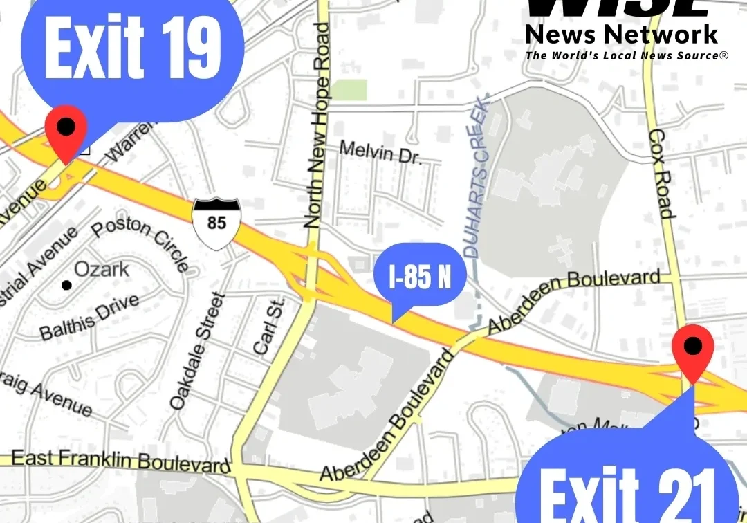 Map showing Interstate 85 with marked exits 19 and 21. The map highlights Aberdeen Blvd and North Brookwood Road, includes surrounding streets, and shows the logo for Wise News Network.