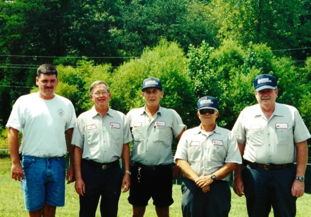 Larry Wright's first day at the City of Cherryville NC on August 8th, 1994 with the Waste Water Department - Left to Right - Larry Wright, David Woods, Roger Harrelson, Henry Harbinson and Bob Shull - (photo provided by Larry Wright)