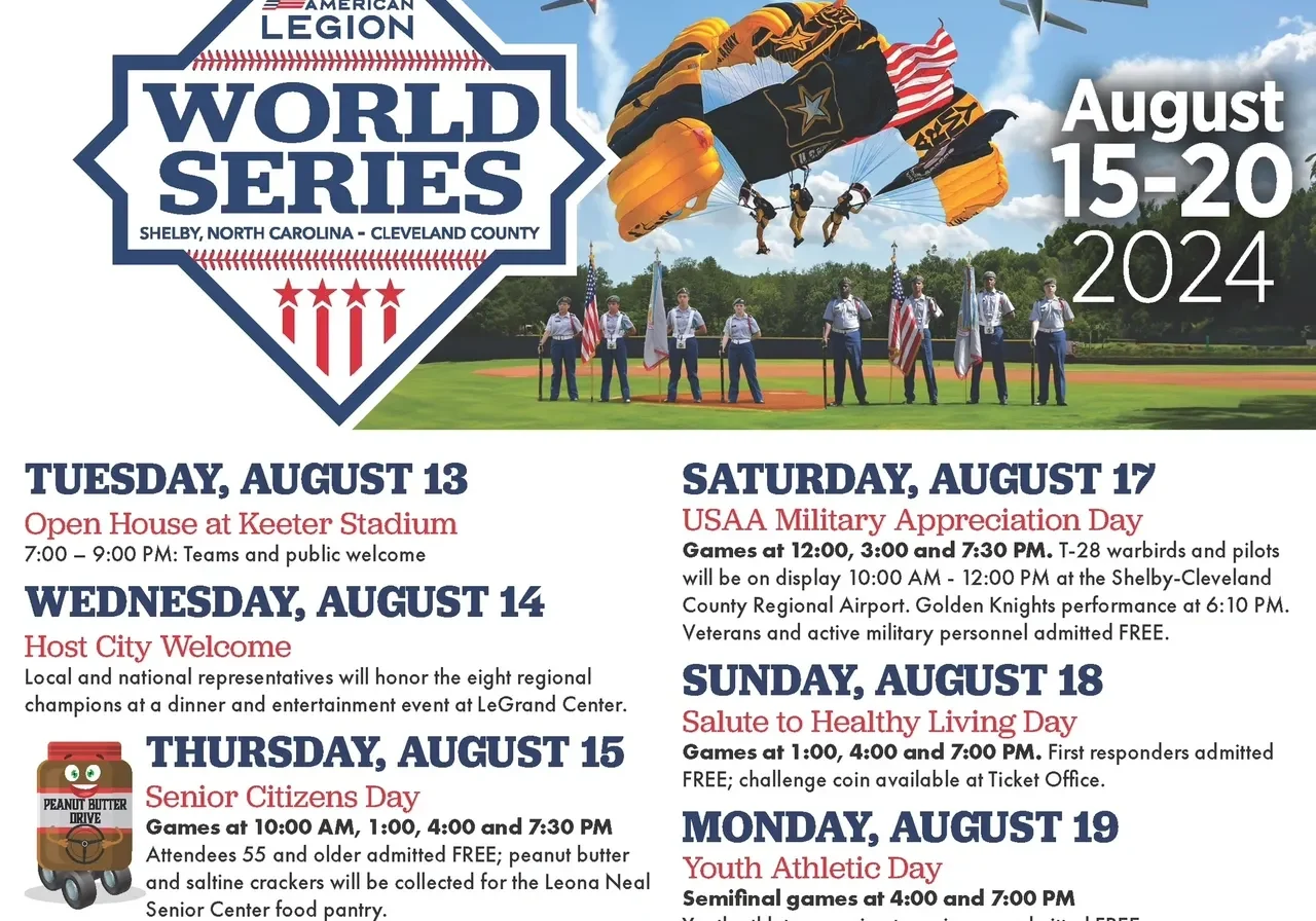 Flyer for the 2024 American Legion World Series in Shelby, NC, from August 15 to 20, including a list of daily events from August 13 to 20.