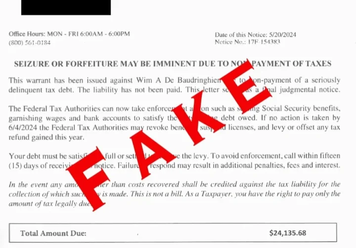 Image of a Distraint Warrant document marked with a "FAKE" stamp in red ink. The document details the notice and explains the consequences and actions related to non-payment of taxes. Total amount due is $24,135.68.