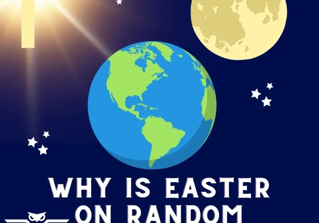 Illustration with Earth, moon, sun, and stars and the title "Why is Easter on Random Sundays?" by Rusty Wise.