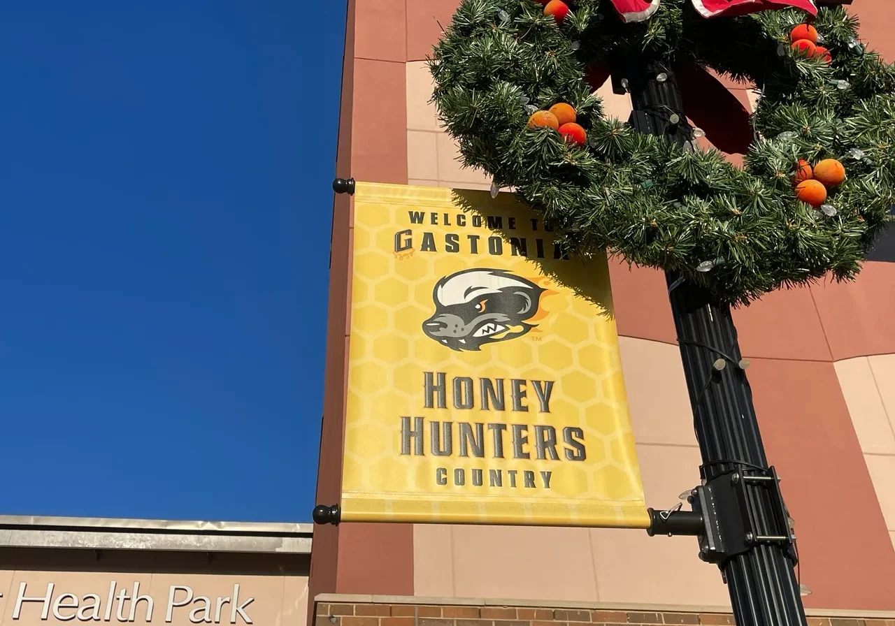 A vertical banner on a lamppost reads "Welcome to Gastonia, Honey Hunters Country" with a Honey Hunters logo. A festive evergreen wreath hangs nearby. Partial building with "Health Park" visible below.