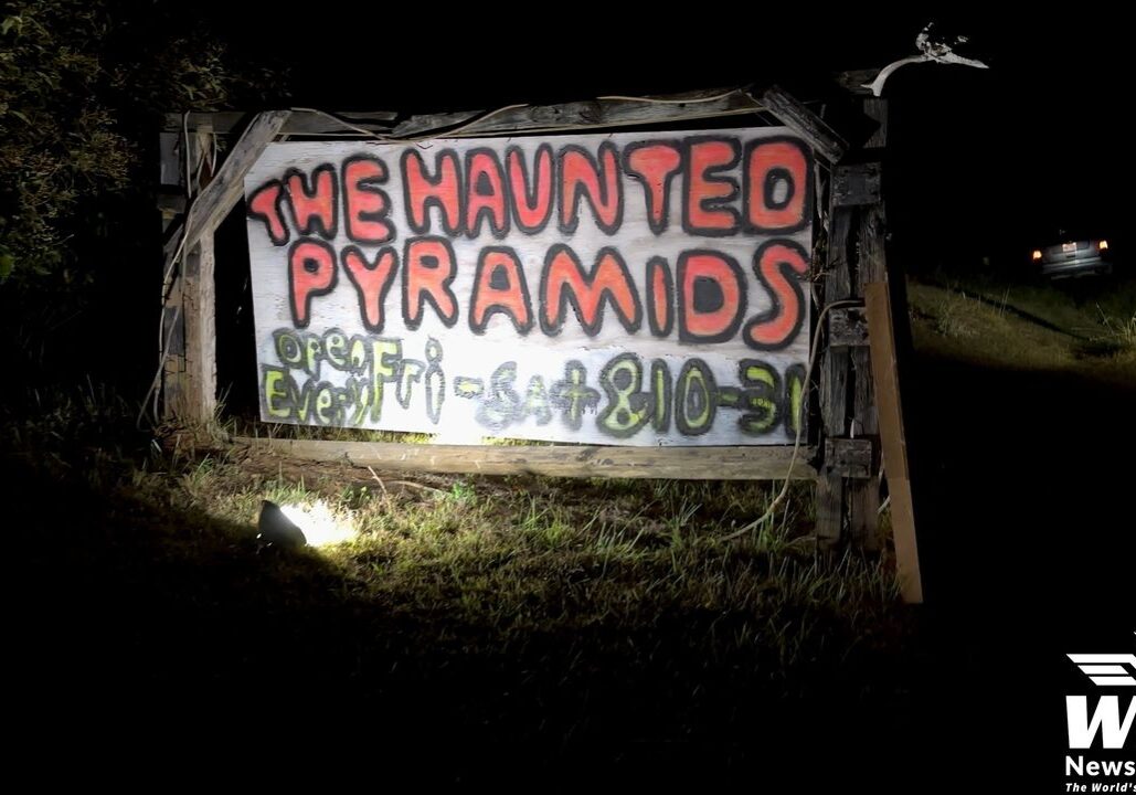 A sign that says the haunted pyramids.