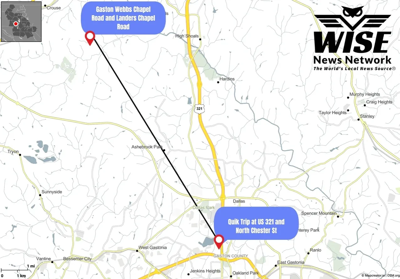 A map showing two marked locations: Gaston Webbs Chapel Road and Landers Chapel Road, and Quik Trip at US 321 and North Chester Street, connected by a straight black line.