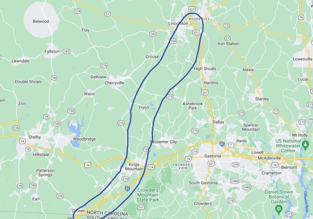 A map showing a route from Greenville, South Carolina to Lincolnton, North Carolina, passing through several towns and landmarks in North and South Carolina.