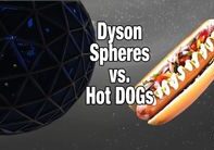 A black geodesic sphere is on the left. A hot dog with various toppings is on the right. The text between them reads "Dyson Spheres vs. Hot DOGs.